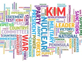 This image made on Dec. 4, 2017, shows a word cloud representing a visual display of terms used by the North Korean government's Korean Central News Agency's English-language service. The Associated Press boiled down 1,542 stories filed between July 1 and Oct. 11, 2017, by the official North Korean news agency to a list of the words that appear most frequently. The resulting word cloud reveals some of the key patterns Pyongyang employs in its rhetorical wars with Washington.