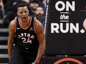 Toronto Raptors forward Norman Powell celebrates a dunk against the Indiana Pacers on Dec. 1.