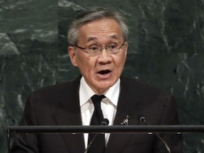 FILE - IN this Friday, Sept. 22, 2017, file photo, Foreign Minister Don Pramudwinai of Thailand addresses the United Nations General Assembly, at U.N. headquarters. On behalf of the Thailand's military junta on Tuesday, Foreign Minister Don welcomed the European Union's decision to ease political sanctions imposed against it for overthrowing an elected government in 2014.