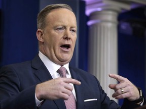 FILE - In this Monday, Jan. 23, 2017 file photo, White House press Secretary Sean Spicer speaks during the daily White House briefing at the White House in Washington. A statement on Sunday by presidential counselor Kellyanne Conway, about Spicer providing "alternative facts," is included in the 2017 update to The Yale Book of Quotations.