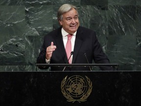 FILE - In this Sept. 19, 2017 file photo, United Nations Secretary-General Antonio Guterres addresses the 72nd meeting of the U.N. General Assembly, at U.N. headquarters. Guterres is warning that Iran may be defying a U.N. call to halt ballistic missile development even as it complies with the nuclear deal with six world powers. The U.N. chief says in a report obtained by The Associated Press on Wednesday, Dec. 13, 2017, to the Security Council that the United Nations is investigating Iran's possible transfer of ballistic missiles to Houthi Shiite rebels in Yemen that may have been used in launches aimed at Saudi Arabia on July 22 and Nov. 4.