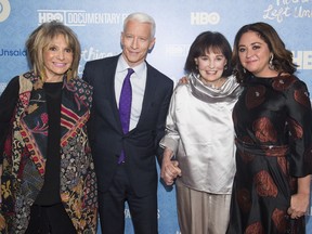 FILE - In this April 4, 2016 file photo, Sheila Nevins, left, Anderson Cooper, Gloria Vanderbilt and Liz Garbus attend the premiere of "Nothing Left Unsaid" at the Time Warner Center in New York. Nevins, who has run HBO's documentary unit for 38 years and has been a key gatekeeper in the making of its nonfiction films says she will be stepping down early in 2018.
