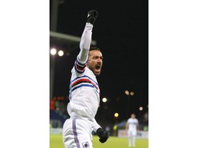 Sampdoria's Fabio Quagliarella celebrates after scoring during a Serie A soccer match between Cagliari and Sampdoria at the Sardegna Arena stadium in Cagliari, Italy, Saturday, Dec. 9, 2017.