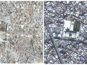 This combination of two satellite image released by DigitalGlobe shows the al-Nuri Mosque in Mosul, Iraq on July 8, 2017 after a punishing nine month battle to oust Islamic State militants, left, and on Nov. 13, 2015, right. Three years of war devastated much of northern and western Iraq.