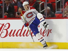 Andrew Shaw of the Montreal Canadiens celebrates his goal against the Red Wings during the second period of their game Thursday night in Detroit.