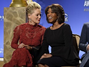 Sharon Stone, left, and Alfre Woodard appear at the nominations for the 75th Annual Golden Globe Awards at the Beverly Hilton hotel on Monday, Dec. 11, 2017, in Beverly Hills, Calif. The 75th annual Golden Globe Awards will be held on Sunday, Jan. 7, 2018.