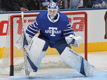 Frederik Andersen faces shots in warm-up before a game against the Carolina Hurricanes on Dec. 19.