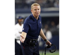Dallas Cowboys head coach Jason Garrett shouts in the direction of an official in the first half of an NFL football game against the Seattle Seahawks on Sunday, Dec. 24, 2017, in Arlington, Texas.