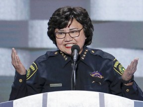 FILE - In this July 28, 2016, file photo, Dallas County Sheriff Lupe Valdez speaks during the final day of the Democratic National Convention in Philadelphia. Valdez, Texas' first Hispanic female sheriff, announced Wednesday, Dec. 6, 2017, that she will run against Texas Republican Gov. Greg Abbott in 2018.