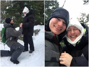 Josh Darnell, of Londonderry, New Hampshire, proposed to Rachel Raske, of Lowell, Massachusetts, on Thursday, Dec. 28, 2017, in Tuckerman’s Ravine, New Hampshire, on the same day the temperature dropped to minus-37 Celsius.