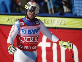 Switzerland's Beat Feuz reacts after finishing a run during a men's World Cup downhill ski race Saturday, Dec. 2, 2017, in Beaver Creek, Colo.
