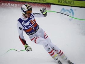 Austria's Hannes Reichelt reacts after a men's World Cup super-G ski race Friday, Dec. 1, 2017, in Beaver Creek, Colo. (AP Photo/John Locher)