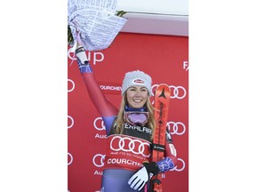 United States's Mikaela Shiffrin celebrates winning an alpine ski, women's World Cup giant slalom in Courchevel, France, Tuesday, Dec. 19, 2017.