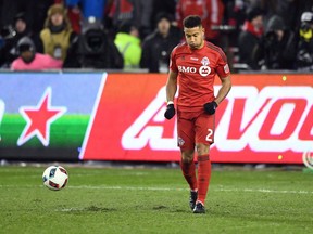 Toronto FC's Justin Morrow reacts after missing his shot during penalty kicks MLS Cup final action in Toronto on Saturday, Dec. 10, 2016. One more chance. Or one more championship. For Toronto FC, Saturday's MLS Cup final is an opportunity redemption and to punctuate a record-breaking season with an unprecedented treble.