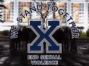 Some female athletes at St. Francis Xavier University have come up with a compelling response to sex charges against members of the varsity football team. A still image is shown from solidarity campaign two-minute video, produced by Donald Jewkes and with spoken word by Emma Kuzmyk as part of the response.