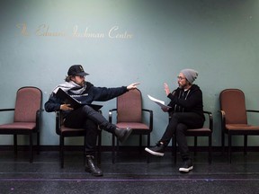 Broken Social Scene's Kevin Drew, left, and Billy Talent frontman Ben Kowalewicz rehearse their play "A&R Angels" in Toronto on Tuesday, November 7, 2017.