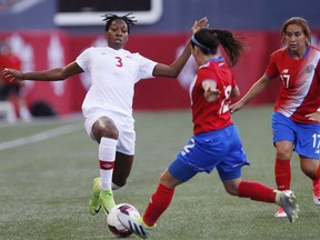 Canada's Kadeisha Buchanan (left) defends against Costa Rica's Lixy Rodriguez (12) during first half soccer action of a friendly match in Winnipeg, Thursday, June 8, 2017. Buchanan has been named as Canada's female soccer player of the year.THE CANADIAN PRESS/John Woods