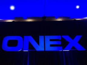 The Onex Corporation logo is displayed at the company's annual general meeting in Toronto on Thursday, May 10, 2012.