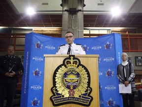 Inspector of the Major Crimes Edmonton Police Service Carlos Cardoso speaks about the charges laid in the case against suspect Abdulahi Hasan Sharif who has been charged in an attack which saw an Edmonton officer stabbed and four people injured when they were hit by a rental truck fleeing police, in Edmonton Alta, on Monday October 2, 2017. A man facing several counts of attempted murder after a police officer was hit by a car and stabbed by an assailant is still waiting for two psychiatric assessments due to a critical bed shortage at Alberta Hospital.