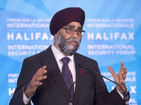 Canadian Defence Minister Harjit Sajjan fields questions at the closing news conference at the Halifax International Security Forum in Halifax on November 19, 2017. Defence Minister Harjit Sajjan says military commanders are re-assessing Canada's future role in Iraq following declaration the country has been completely liberated from the Islamic State of Iraq and the Levant. Iraqi Prime Minister Haider al-Abadi declared victory over ISIL earlier this month after the militant group was pushed from the last pockets of territory that it had occupied in the country.