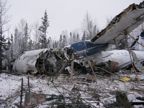 The wreckage of an aircraft is seen near Fond du Lac, Sask. on Thursday, December 14, 2017 in this handout photo. A disabled man injured in a plane crash in northern Saskatchewan has died.