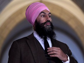 NDP leader Jagmeet Singh arrives to speak to reporters in the Foyer of the House of Commons on Parliament Hill following the national caucus meeting in Ottawa on Wednesday, Dec. 6, 2017.