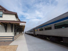 A VIA Rail train sits idle at the train station in Churchill, Man., on June 22, 2017. The town of Churchill in northern Manitoba is saying thank you to everyone who has helped the community since it lost its rail service. Mayor Michael Spence and his council say in a release on Twitter that many Manitobans, Canadians and people from across the world have reached out. The town of 900 people on Hudson Bay lost its only land connection to the south last spring when severe flooding damaged the rail line.
