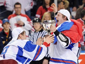 Team Russia forward Vladimir Tarasenko, right, reacts with teammate Dmitri Orlov, left, after defeating Team Canada at the IIHF World Junior Championship gold medal final in Buffalo, N.Y. on Wednesday, January 5, 2011. Before they became the St.Louis Blues' big three on attack, Brayden Schenn, Jaden Schwartz and Vladimir Tarasenko shared the ice at the 2011 world junior championship in Buffalo, where the tournament will be held again this year. Tarasenko came away with bragging rights as Russia scored five third-period goals in a stunning comeback win over Canada.THE CANADIAN PRESS/Nathan Denette
