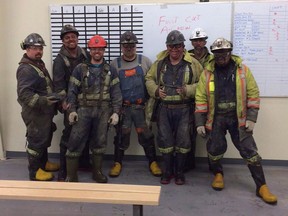 Donkin Mine miners are shown in a handout photo provided by Neil Mackinnon. At the rugged eastern edge of Cape Breton, the twin tunnels of the Donkin mine extend three kilometres under the North Atlantic.