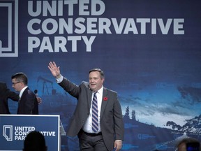 Jason Kenney celebrates his victory as the first official leader of the Alberta United Conservative Party in Calgary on October 28, 2017.