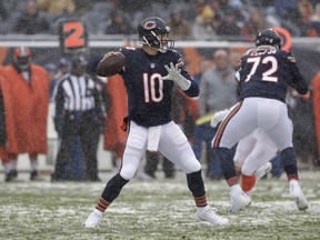 Chicago Bears quarterback Mitchell Trubisky (10) throws against the Cleveland Browns in the first half of an NFL football game in Chicago, Sunday, Dec. 24, 2017.