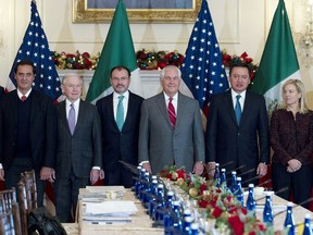 From left; Mexico's Acting Attorney General Alberto Elias Beltran, Attorney General Jeff Sessions, Mexico's Foreign Secretary Luis Videgaray, Secretary of State Rex Tillerson, Mexico's Secretary of Government Miguel Osorio and Secretary of Homeland Security Kirstjen Nielsen, attend the second high-level dialogue with Mexico on disrupting transnational criminal organizations at State Department in Washington, Thursday, Dec. 14, 2017.