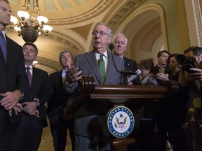 Senate Majority Leader Mitch McConnell, R-Ky., center, joined by, from left, Sen. John Thune, R-S.D., Sen. Cory Gardner, R-Colo., Sen. Roy Blunt, R-Mo., and Majority Whip John Cornyn, R-Texas, speaks to reporters about the GOP tax bill following a closed-door strategy session on Capitol Hill in Washington, Tuesday, Dec. 12, 2017.
