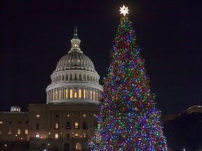 The Capitol Christmas tree is illuminated as lawmakers in the Senate work late into the evening on the Republican tax bill, in Washington, Tuesday, Dec. 19, 2017.