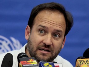 Chairman of UN Working Group on Arbitrary Detention Jose Antonio Guevara Burmudez speaks during a media briefing in Colombo, Sri Lanka, Friday, Dec. 15, 2017. A visiting group of United Nations human rights experts says that Sri Lanka is yet to respect the right to personal liberty in dealing with crime and other issues and calls for urgent reforms to address excessive detention and reliance on confessions often extracted under torture or duress. A three-member delegation of the U.N Working Group on Arbitrary Detention concluded a 10-day visit to the island nation on Friday.
