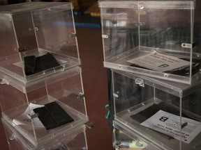 Ballot boxes stacked up inside the multipurpose room of a school, before been set up as a polling station, ahead of the Catalonia voting in Barcelona, Spain, Wednesday, Dec. 20, 2017. As Catalan voters return to the polls on Thursday,  this time to elect a new regional government in an election called by Spain _ the region has been left deeply polarized by the dramatic events that unfolded this fall.