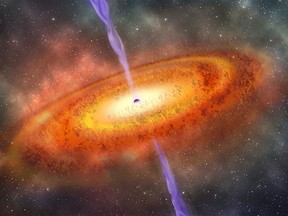 An illustration from the Carnegie Institution for Science shows the most-distant supermassive black hole ever discovered, part of a quasar from just 690 million years after the Big Bang.