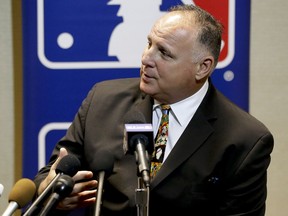Mike Scioscia, manager for the Los Angeles Angels, talks with members of the media at the Major League Baseball winter meetings Wednesday, Dec. 13, 2017, in Orlando, Fla.