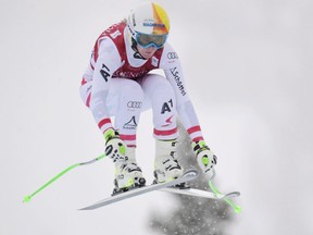 Cornelia Huetter of Austria skis down the course during a women's World Cup downhill ski race in Lake Louise, Alta., on Friday, Dec. 1, 2017.