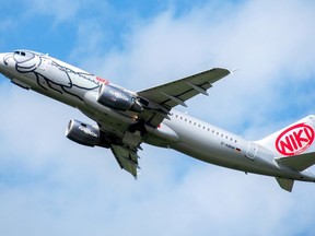 FILE - In this Aug. 3, 2017 file photo an aircraft type Airbus A320-214 of the airline Niki starts at the airport of Dusseldorf, Germany.   Niki filed insolvency on Wednesday, Dec. 13, 2017 and stopped all flight operations.