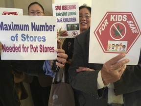 In this Tuesday, Nov. 28, 2017 file photo, people for stricter regulations on the sale of recreational marijuana hold up signs while waiting to attend a hearing at City Hall in San Francisco. San Francisco inched closer to recreational weed sales in January after supervisors gave marijuana regulations a mandatory second vote on Tuesday, Dec. 5, and sent it to the mayor.