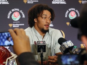 Oklahoma running back Rodney Anderson speaks during an NCAA college football news conference, Friday, Dec. 29, 2017, in Los Angeles. Oklahoma plays Georgia in the Rose Bowl on New Year's Day.