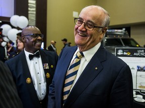 Former Toronto Police Chief Julian Fantino (front) and the current Chief Mark Saunders at the 10th annual Chief of Police Gala at the Beanfield Centre in Toronto, Ont.