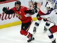 Mark Stone of the Senators celebrates his goal during the third period of their game against the Columbus Blue Jackets in Ottawa on Friday night.