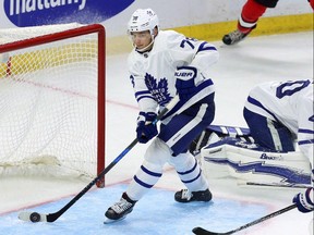Defenceman Timothy Liljegren, here playing in an NHL preseason game for the Toronto Maple Leafs, has improved more by playing in the AHL than he would have by going to back to Sweden for seasoning, his world junior coach says.