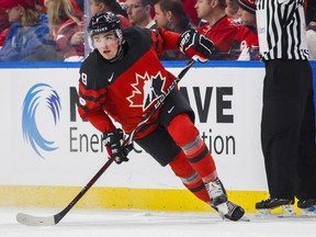 Canadian defenceman Dante Fabbro skates against Finland at the world juniors in Buffalo on Dec. 26.