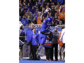 Boise State wide receiver Cedrick Wilson (1) makes a catch during the first half of an NCAA college football game against Fresno State for the Mountain West championship in Boise, Idaho, Saturday, Dec. 2, 2017.