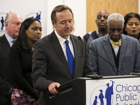 Chicago Public Schools CEO Forrest Claypool tenders his resignation during a press conference at CPS headquarters, Friday, Dec. 8, 2017.  The resignation follows Inspector General Nicholas Schuler's recommendation that Claypool be fired because he concluded Claypool had lied during a probe by denying he'd asked an attorney to alter a bill for legal advice on an ethics issue.