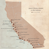 The horse and mule trail known as El Camino Real as of 1821 and the locations of the 21 Franciscan missions in Alta California.