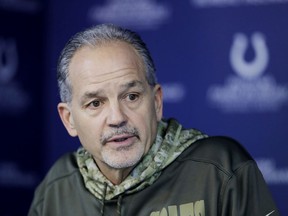 Indianapolis Colts head coach Chuck Pagano responds to a question during a news conference before an NFL football practice, Wednesday, Dec. 27, 2017, in Indianapolis.